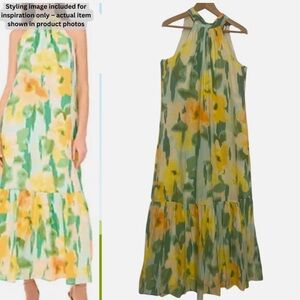 NWT Floral Halter Neck Maxi Dress Tiered Hem Watercolor Floral Tomato Girl S
